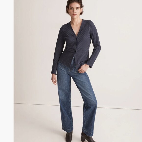 Madewell Women's V-Neck Cardigan Checkerboard Jacquard Blue Juniper Berry Large - Picture 1 of 11